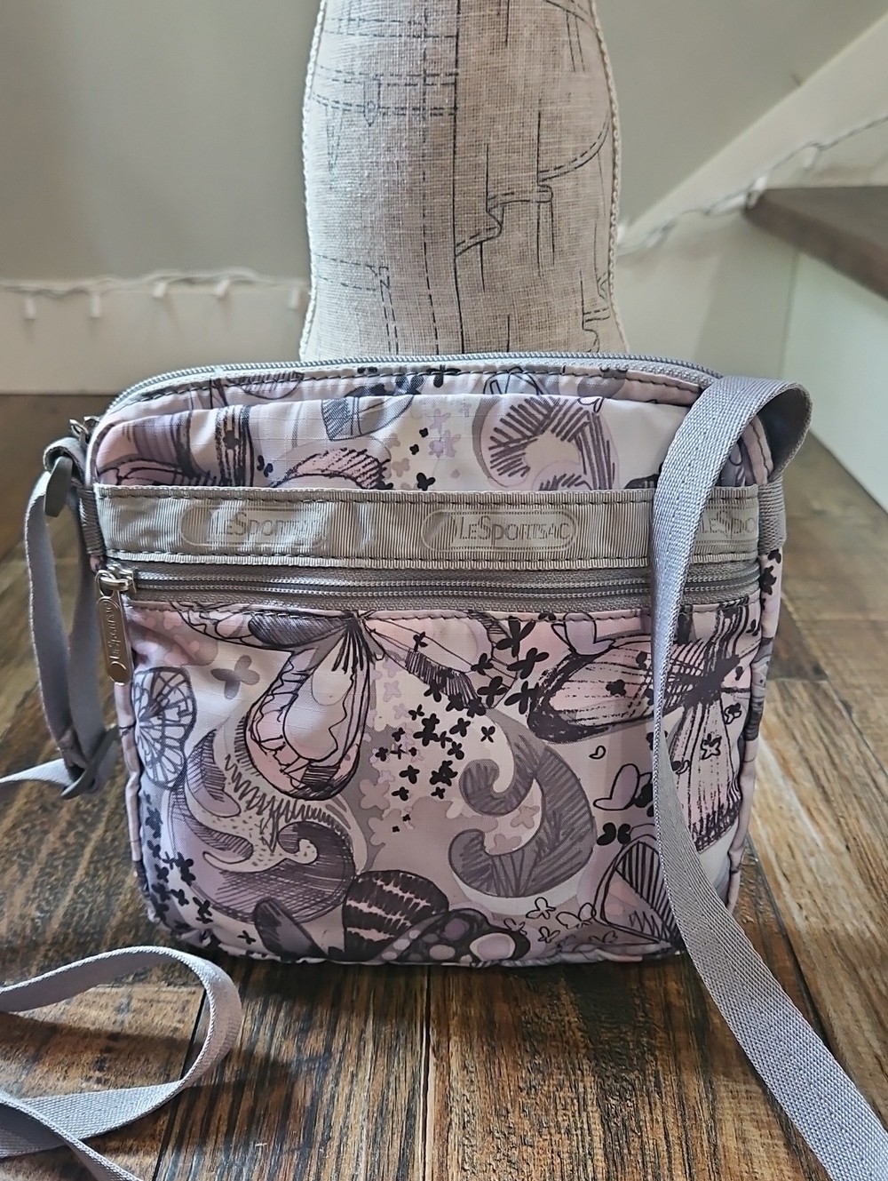 Lesportsac Lavender, Pink, Gray Butterfly Canvas‎ Lightweight Crossbody Bag